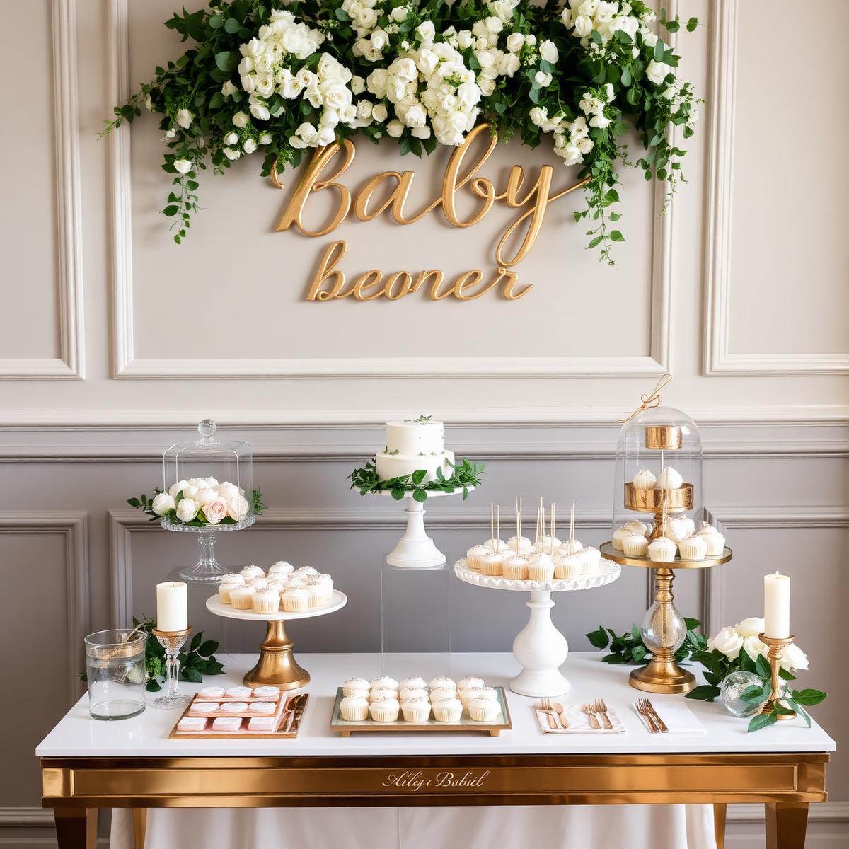 Elegant baby shower dessert display