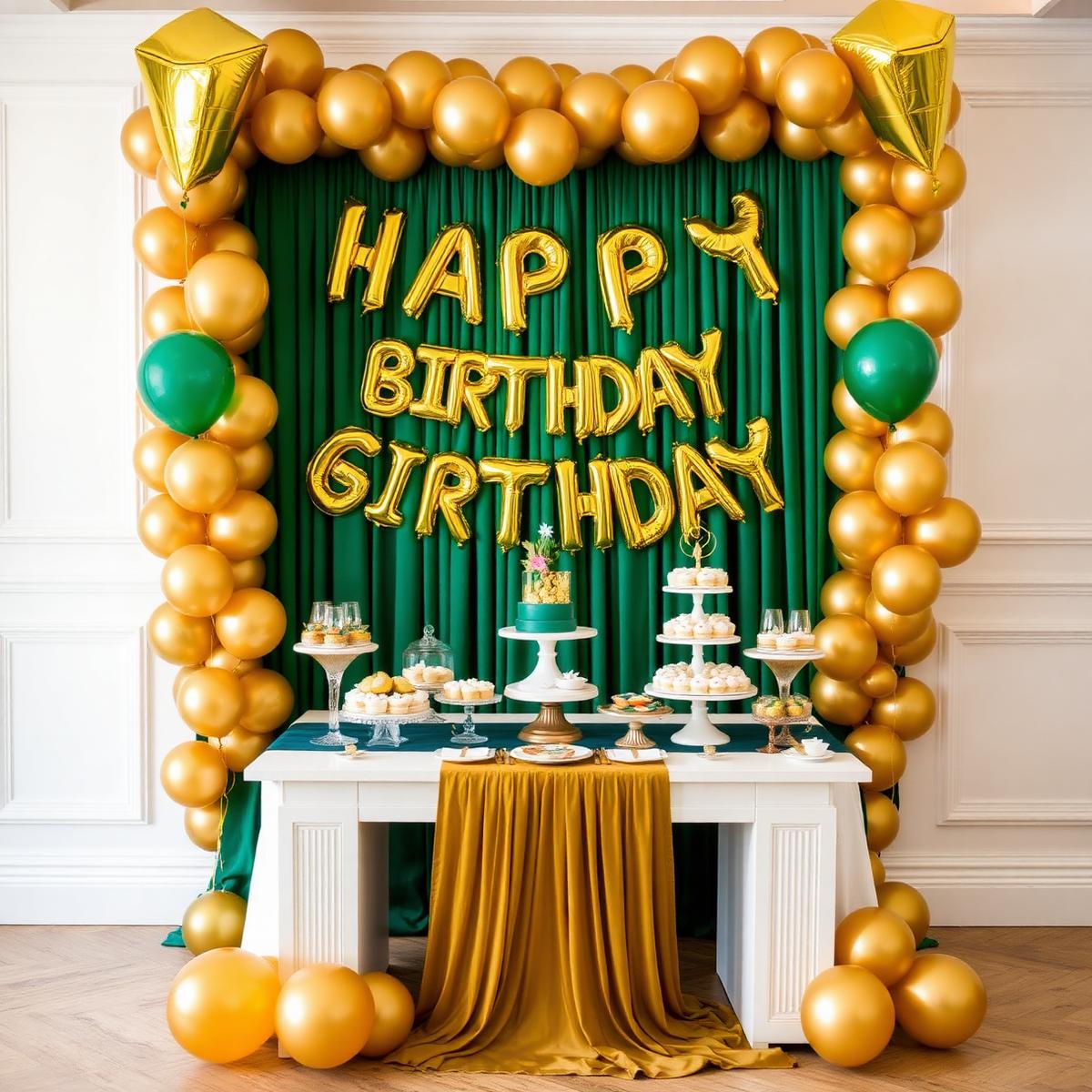 Gold and green birthday dessert table